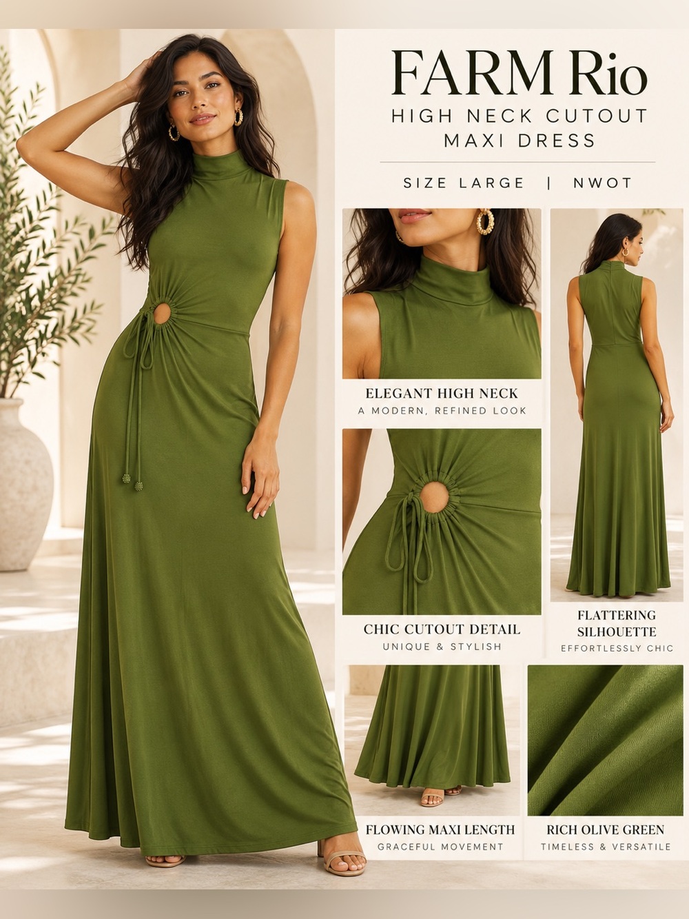 FARM Rio High Neck Cutout Maxi Dress Olive Green Large NWOT